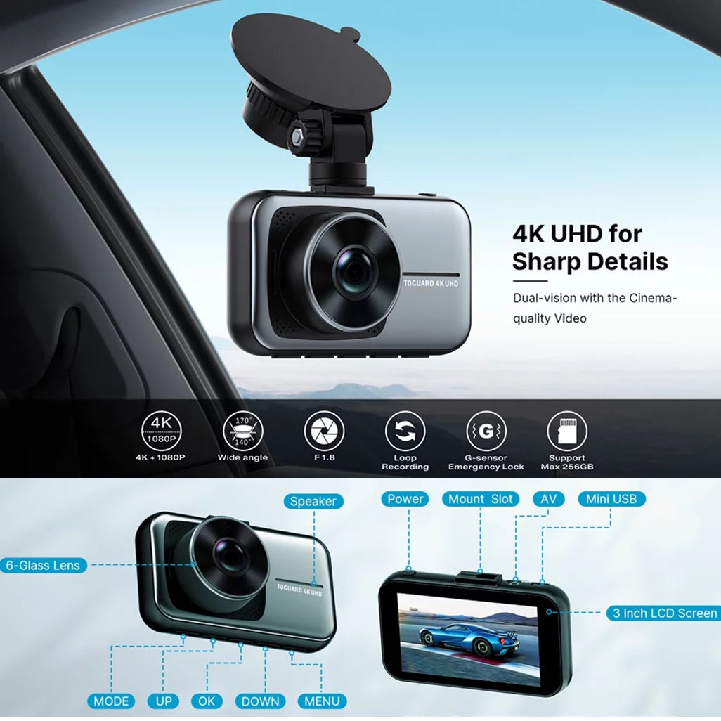 4K Dash Cam Front and Rear 3 Inch Dual Dash Camera, with 1080P Waterproof Car Camera, Loop Recording, G-Sensor, Night Vision, Parking Monitor, WDR