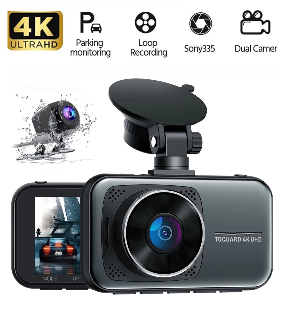 4K Dash Cam Front and Rear 3 Inch Dual Dash Camera, with 1080P Waterproof Car Camera, Loop Recording, G-Sensor, Night Vision, Parking Monitor, WDR