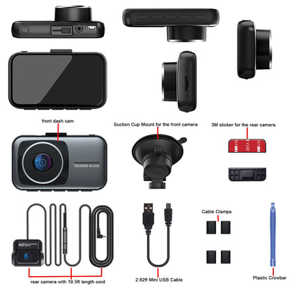 4K Dash Cam Front and Rear 3 Inch Dual Dash Camera, with 1080P Waterproof Car Camera, Loop Recording, G-Sensor, Night Vision, Parking Monitor, WDR